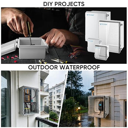 TICONN Outdoor Electrical Box Waterproof, Junction Box IP67 ABS Plastic Enclosure with Hinged Cover with Mounting Plate, Wall Brackets, Cable Glands (Clear, 5.9"x3.9"x2.8")