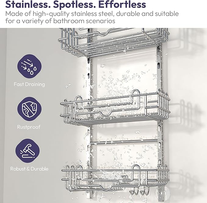 SWTYMIKI Shower Caddy Hanging Organizer - 3-Tier Rustproof Shower Organizer Over Showerhead with Adjustable Baskets, 24 Hooks, Soap & Razor Holder - No Drill Large Bathroom Storage Rack, Silver