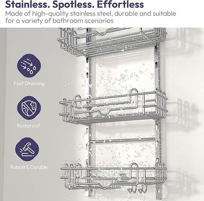 SWTYMIKI Shower Caddy Hanging Organizer - 3-Tier Rustproof Shower Organizer Over Showerhead with Adjustable Baskets, 24 Hooks, Soap & Razor Holder - No Drill Large Bathroom Storage Rack, Silver