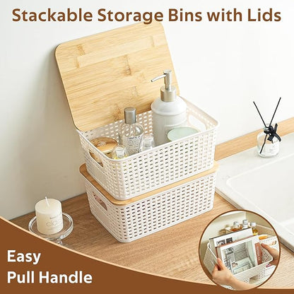 8 Pack Plastic Storage Bins with Bamboo Lids - Stackable Storage Baskets with Handle for Pantry Organizer and Storage, Plastic Containers Bins Lidded Storage Bins for Classroom Office Shelves