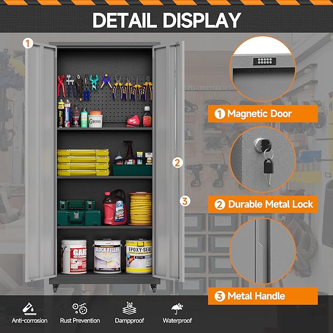 Garage Storage Cabinet with Wheels, Metal Storage Cabinet with 2 Doors and Adjustable 4 Shelves for Garage, Basement, Warehouse, Office, Gray, Assembly Required
