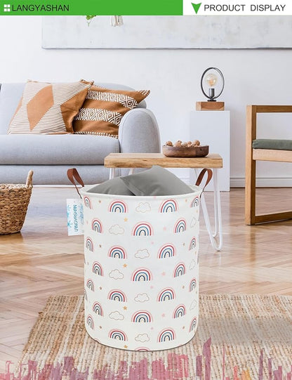 LANGYASHAN Laundry Basket Canvas Fabric Collapsible Organizer Basket for Storage Bin Toy Bins Gift Baskets Bedroom Clothes Children Nursery Hamper (Round Cloud Rainbow)