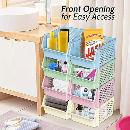 TidyFriend Stackable Storage Bins for Pantry, 4 Pack Stackable Bins For Organizing Food, Kitchen, and Bathroom Essentials (Multi)
