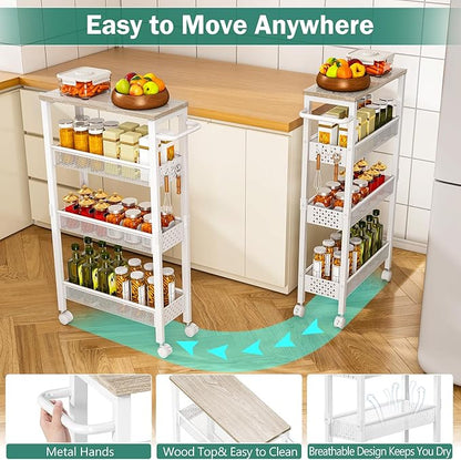 Utility Slim Storage Cart, 4 Tier Small Rolling Kitchen Laundry Room Cart with Wood Top, Metal Bathroom Storage Cabinet Mobile Shelf Unit Organizer Trolley with Handle for Narrow Space