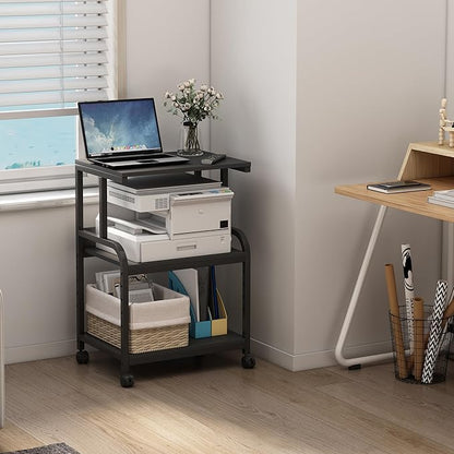 Printer Stand, 3 Tier Printer Table with Height Adjustable Storage Shelf, Rolling Printer Cart with Wheels for Home Office Organization, Black