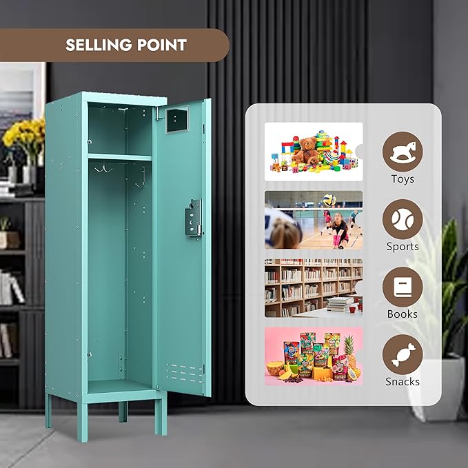Metal Storage Locker with Lock & Card Slot Locker - Secure Lockable Door - Steel Locker for School, Office, Gym, Home - 54" H x 15" W x 15" D（1 Door, Teal）