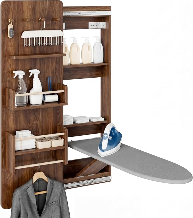 Wall Mounted Ironing Board Cabinet with Storage, Foldable Wall Ironing Board with Sliding Door, Wall Mount Space Saving Ironing Station for Laundry Room, Living Room, Entrance (Walnut)