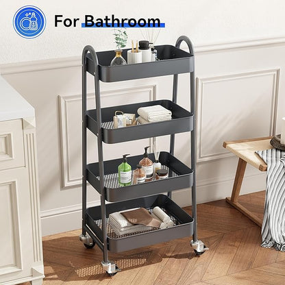 OLIXIS 4 Tier Utility Rolling Cart, Metal Mobile Storage Shelf with Lockable Caster Wheels, Organization for Livingroom, Bathroom & Narrow Places, 4-Tier Gray