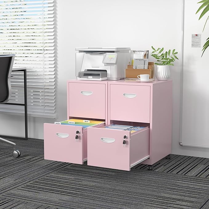 2 Drawer File Cabinet with Lock，Pink Rolling File Cabinet for Home Office, Metal Small Mobile Filing Cabinets on Wheels for Hanging Letter