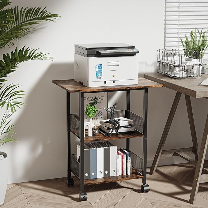 Printer Stand, 3-Tier Industrial Large Printer Table with Shelf, 23"x15" Mobile Heavy Duty Storage Rack on Wheels for Home Office Printer Fax Machine Scanner Copier