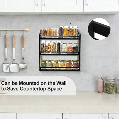 3 Tier Bamboo Spice Rack,Seasoning Jars Rack Shelf Spice Organizer for Kitchen Counter or Wall Mounting (Black)