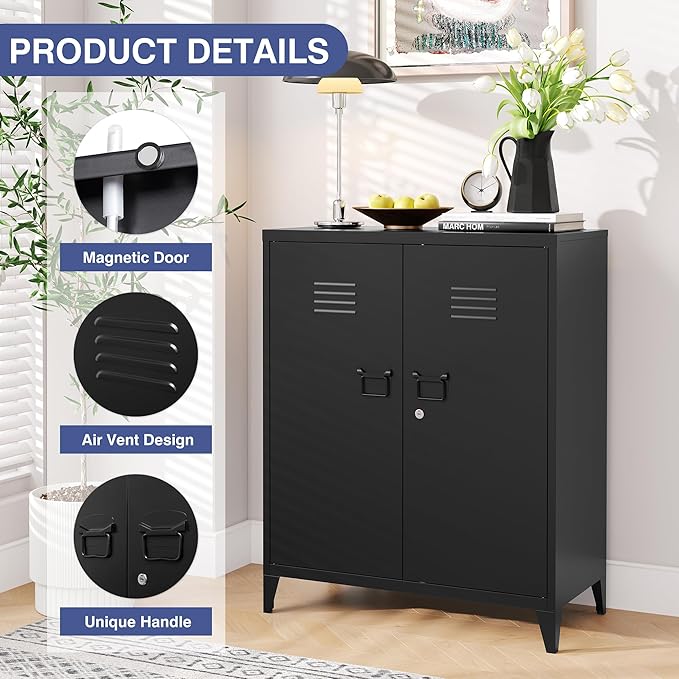 Metal Storage Cabinet,Home Office Cabinet with Doors and Adjustable Shelves,Locking Cabinet with Adjustable Leg Levelers for Garage Storage Tool Cabinets(Black)