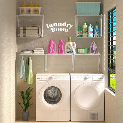 2 Pack Laundry Room Shelves Wall Mounted with Wire Baskets, Over the Washer and Dryer Shelf with Clothes Drying Rack, 8 Hooks，Wire Shelves Baskets for Laundry Closet Organization and Storage, White