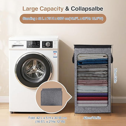 Collapsible Laundry Hamper with Lid 100L, Large Laundry Basket with Removable Mesh Bag for Bedroom, Bathroom,Closet, Dorm(Grey)