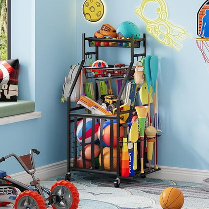 Sports Equipment Garage Organizer,Garage Ball Storage Rack with Elastic Straps,Small Rolling Ball Holder Cart with Wheels for Sports Gear,Indoor/Outdoor Toy Storage with Hooks and Baskets,BK