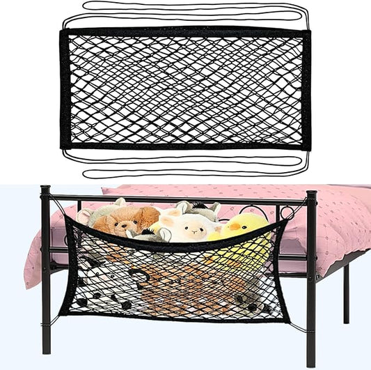 Stuffed Animal Storage Net for Kids, Bedside Toy Organizer Net - Neatly Store Your Stuffed Animals, Elastic Bedside Stuffed Animal Storage Net with Tether, Stretches up to 32 Inches, Black
