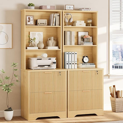 SEDETA 2 Drawer File Cabinet with Lock, Wood Filing Cabinet fits Letter, Legal, A4 Size, Hanging File Folders, Farmhouse File Cabinets for Home Office with Adjustable Storage Shelf, Natural Oak