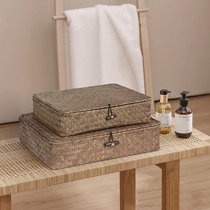 Set of 2 Flat Seagrass Storage Bins with Lid Wicker Storage Baskets for Organizing, Woven Shelf Organizer Bins Home Utility Organizer Box for Home & Office Supplies(Coffee)