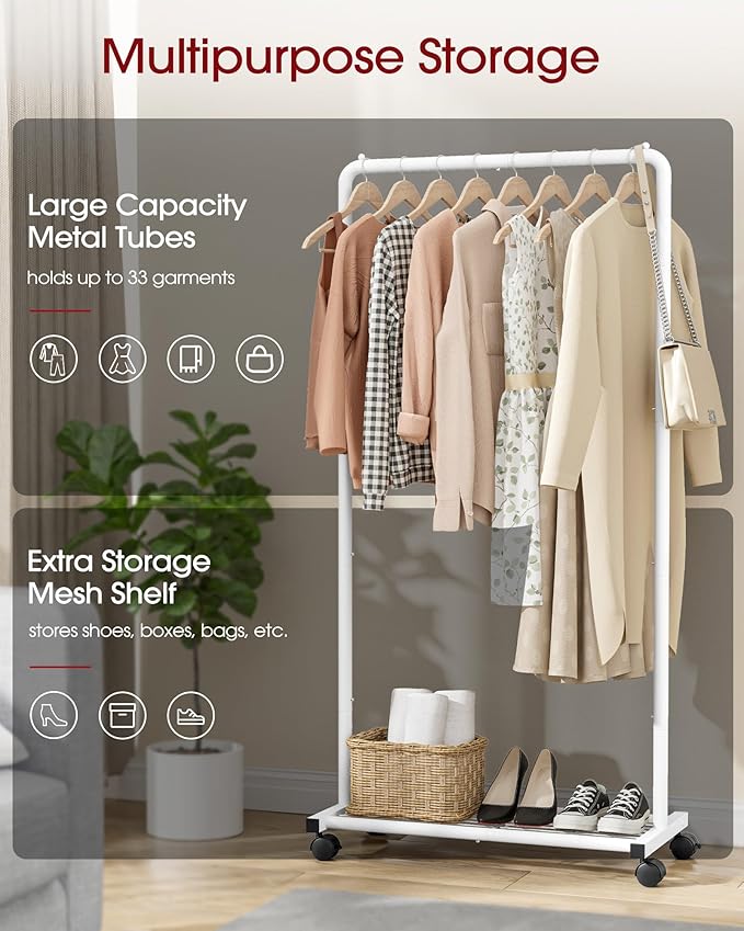 Clothes Rack - Clothing Rack with Storage Mesh Shelf & Casters, Heavy-Duty Metal Clothing Rack for Hanging Clothes, Dresses, Coats, Large Load Capacity, Easy Assembly, White, 28.0"x16.9"x59.0"