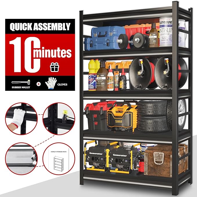 78''H Garage Shelf,5-Tier Metal Shelving Unit ,Metal Garage Shelf Heavy Duty,3000 lbs Capacity,Adjustable Industrial Shelving, Steel Storage Rack,for Basement,Warehouse,Black,18"D x 47.2"W x 78"H