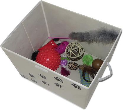 Feline Ruff Large Dog Toys Storage Box. 16" x 12" inch Pet Toy Storage Basket with Lid. Perfect Collapsible Canvas Bin for Cat Toys and Accessories Too! (Tan)