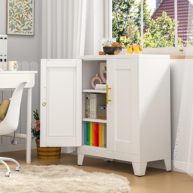 35.43" Metal Storage Cabinet with Lock, Metal File Cabinet with 2 Doors ＆ 2 Adjustable Shelves, Steel Locker Utility Tool Garage Cabinets for Home, Office, Warehouse (White)