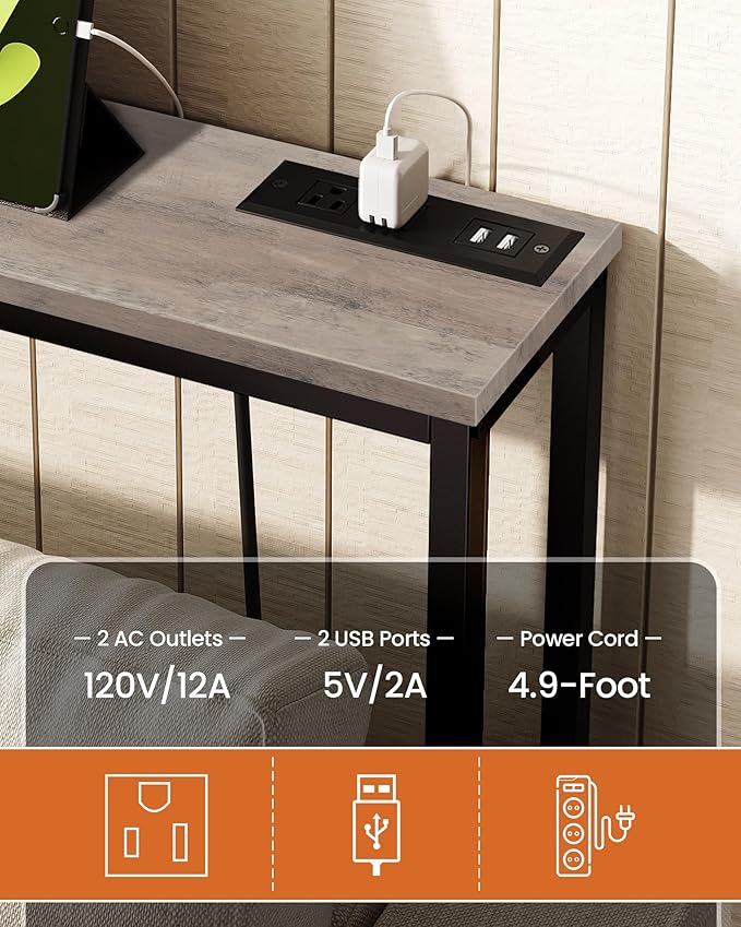 62.99" Narrow Console Table with Power Outlet 7.1" Skinny Sofa Table, Long Behind Couch with Charging Station for Hallway, Living Room Greige and Black TXG16UBG