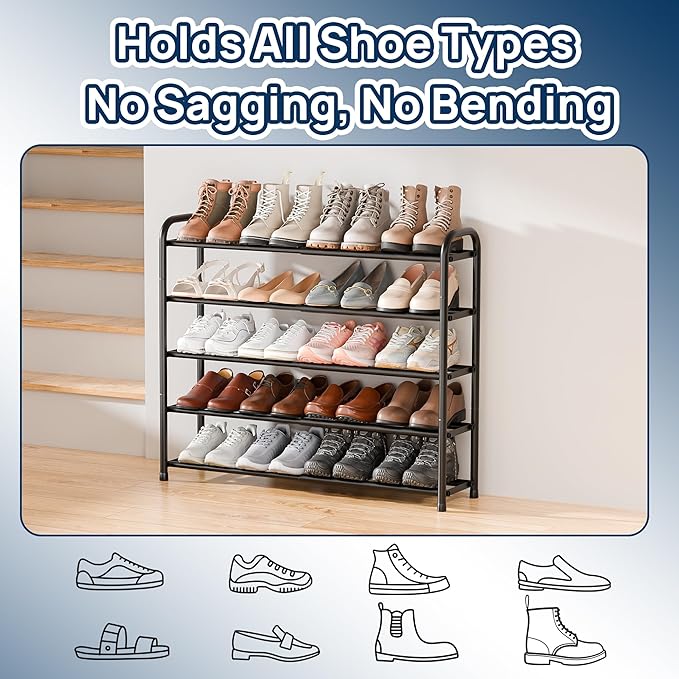 ENJOYBASICS Expandable Shoe Rack, 32.8'' Wide - 5 Tier Adjustable Shoe Organizer Shelf for Closet, 20 Pairs Black Metal Free Standing Shoe Rack Storage for Garage, Entryway