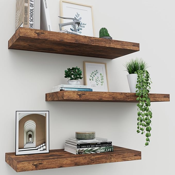 Floating Shelves for Wall Set of 3, 16" Rustic Brown Floating Shelves, Home Decor, Frame Display Wall Shelf for Bedroom, Kitchen, Bathroom, Living Room