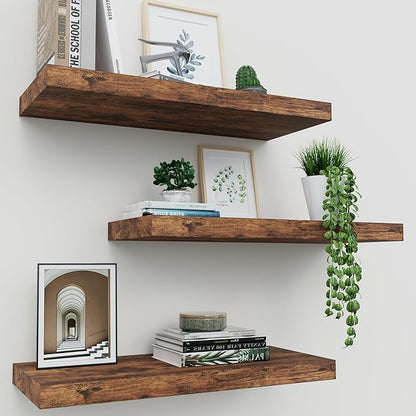 Floating Shelves for Wall Set of 3, 16" Rustic Brown Floating Shelves, Home Decor, Frame Display Wall Shelf for Bedroom, Kitchen, Bathroom, Living Room