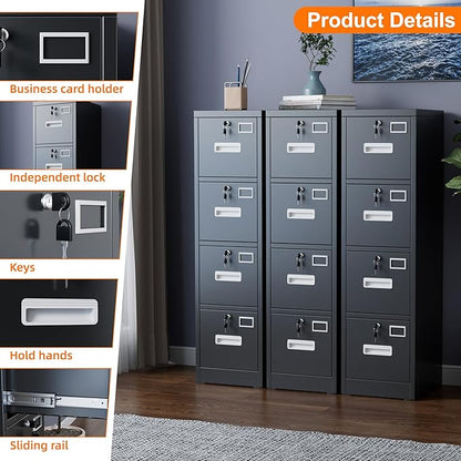 4 Drawer File Cabinet, Metal Vertical Black Filing Cabinets with Lock for Home Office with Name Card Holder for Letter/Legal/A4/F4 Size (Assemble Required)