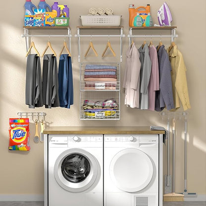 2 Set Laundry Room Wall Mounted Shelves With Wire Storage Baskets, Over Washer and Dryer With Hanging Rods and Hooks, for Organization and Storage, White, Wooden