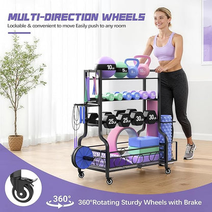PARTPHONER Adjustable Dumbbell Rack, Weight Rack for Home Gym Storage, Home Gym Storage for Stores Dumbbells, Kettlebells and Yoga Mats, All in One Workout Storage Racks with Wheels and Hooks, Durable Powder Coated Steel