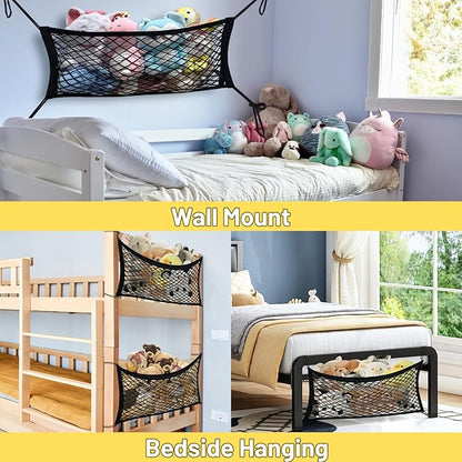 Stuffed Animal Storage Net for Kids, Bedside Toy Organizer Net - Neatly Store Your Stuffed Animals, Elastic Bedside Stuffed Animal Storage Net with Tether, Stretches up to 32 Inches, Black