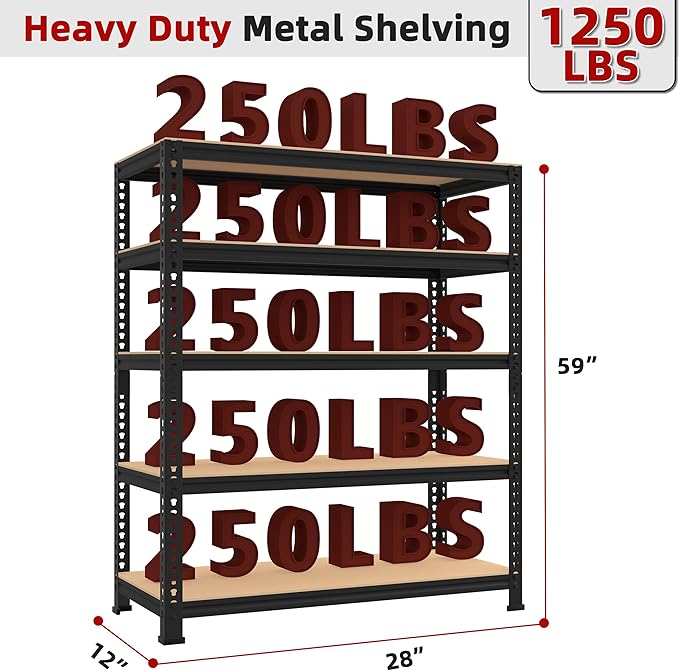 5-Shelf Heavy Duty Shelving - Adjustable Garage Storage Shelves, Metal Utility Storage Racks for Warehouse Pantry Basement Kitchen, Garage Organizers Shef Unit, Black, Packs of 4