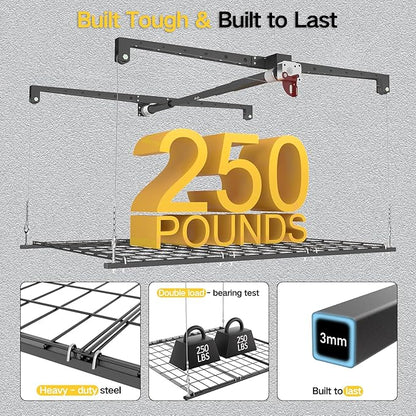 Garage Ceiling Storage Rack, 4x4 Ft Adjustable Overhead Garage Storage Rack Lift, Heavy-Duty Ceiling Mounted Storage Lift System for Garage Organization, 250lbs Weight Capacity