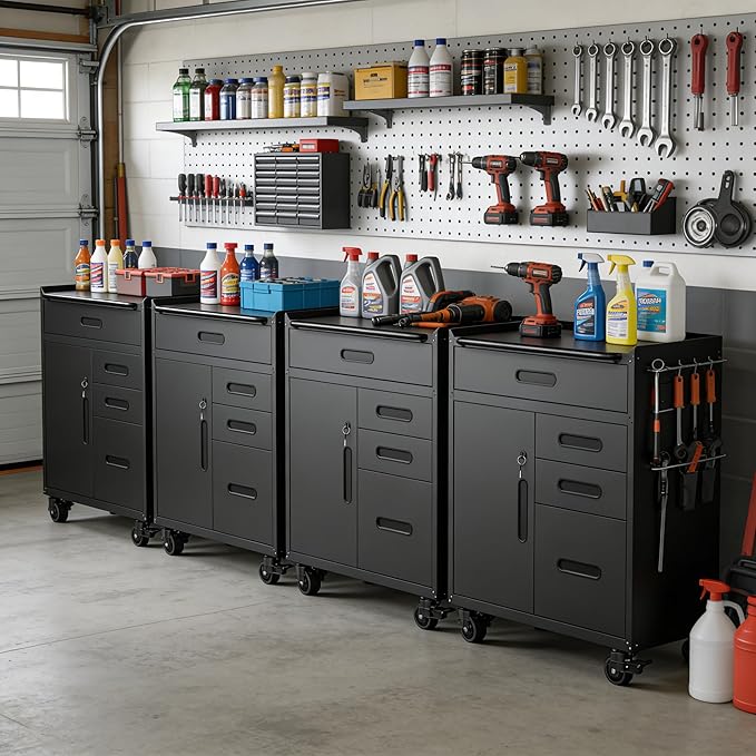 Metal Garage Storage Cabinet on Wheels, Lockable Rolling Tool Cabinet with Doors and 4 Drawers, Heavy Duty Mobile Steel Cabinet for Garage Warehouse Workshop