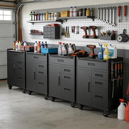 Metal Garage Storage Cabinet on Wheels, Lockable Rolling Tool Cabinet with Doors and 4 Drawers, Heavy Duty Mobile Steel Cabinet for Garage Warehouse Workshop