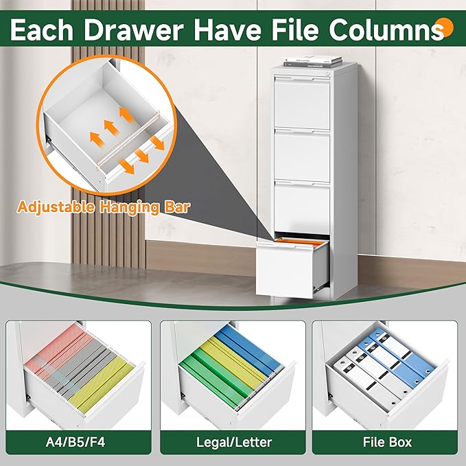 4 Drawer File Cabinet, Tall Vertical Filing Cabinets for Home Office, Locking Metal File Cabinet for Letter/Legal/A4/F4 Size, Assemble Required