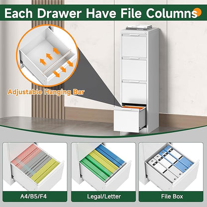 4 Drawer File Cabinet, Tall Vertical Filing Cabinets for Home Office, Locking Metal File Cabinet for Letter/Legal/A4/F4 Size, Assemble Required