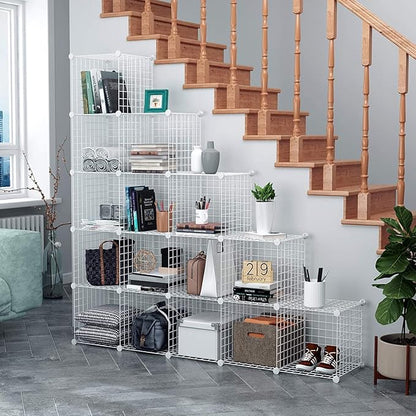 HUBSON Wire Cube Storage Organizer, Book/Toy/Craft/Potted Plants and petCloset Organizers and Storage Shelves, 12-Cube Freely Combinable Metal Grids Storage Shelf, White Iron