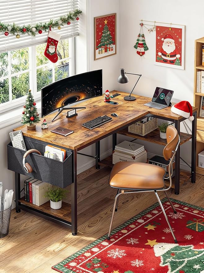 EnHomee 48" Small L Shaped Computer Desk with Power Outlets,Office Desk with Reversible Storage Shelves&Side Bag,Small Corner Desk for Working Space Home Office Bedroom,Study Writing Table,Brown