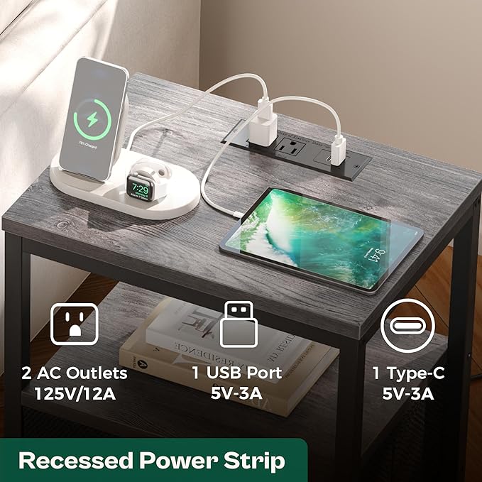 Huuger Nightstands Set of 2, End Tables with Charging Station, Side Tables with Fabric Drawers, Bedside Tables with USB Ports and Outlets, Night Stands for Bedroom, Charcoal Gray