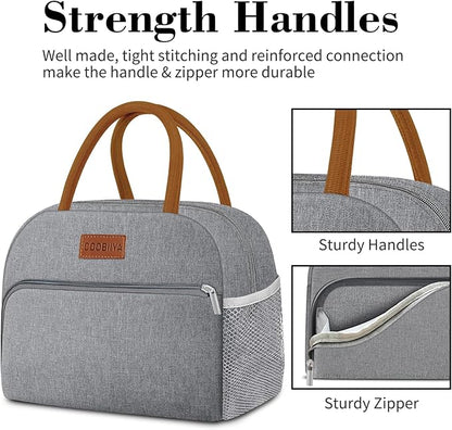 Coobiiya Lunch Bag Lunch Box for Women Men,Small Leakproof Cute Lunch Tote Large Capacity Reusable Insulated Cooler Lunch Container for Work/Office/Picnic/Beach，Grey