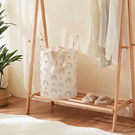 TECHMILLY Large Storage Basket for Girls and Boys, Collapsible Laundry Hamper with Long Handles, Toy Bins for Nursery, Kids Room Décor (Rainbow)