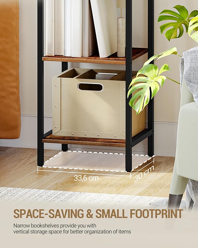 Bookshelf Narrow Bookcase, Tall Storage Rack with Steel Frame, Display Standing Shelf Unit, Skinny Book Shelf for Study Living Room Home Office, Industrial Style, 6-Tier Rustic Brown BC56001B