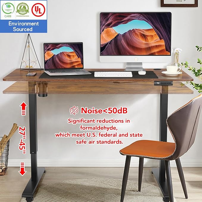 farexon 55 x 24 Electric Standing Desk Adjustable Height with Charging Station, Stand up Desk with Wheels,Outlets, Mouse Pad, Preset Heights Home Office Gaming Computer Workstations Table（Brown）