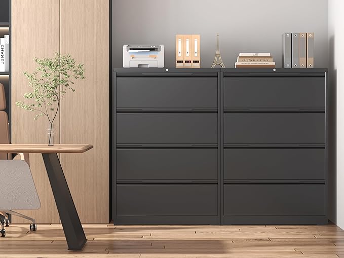 Lateral File Cabinet with Lock, 4 Drawer Lateral File Cabinets, Metal Filing Cabinets for Home Office, Black Deep Drawer for Hanging Files Letter/Legal/A4/F4 Size, Printer Stand, Assembly Required