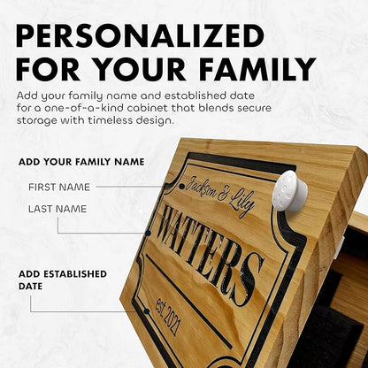 Bellewood Designs Customizable Hidden Gun Storage Wall Decor - Hidden Gun Safe with Family Name & Est Date - Magnetic Locking Concealment Shelf - Gun Concealment Furniture (Natural)
