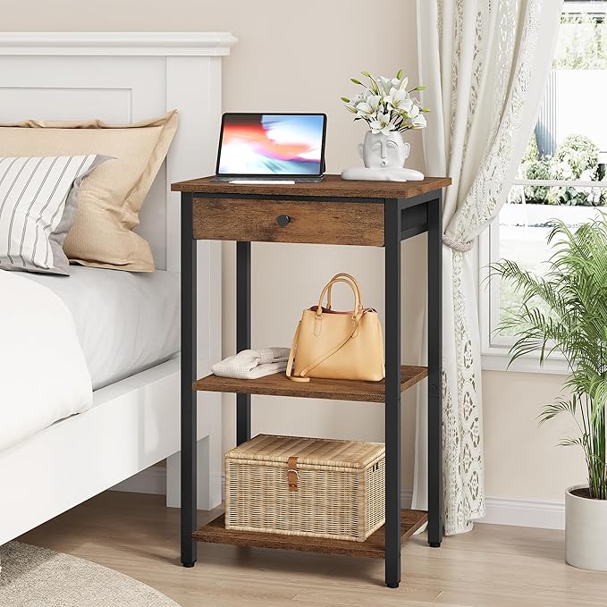 Printer Stand with Storage Drawer, 3-Tier Under Desk Printer Table, End Table for Home Office, Living Room, Bedroom, Brown